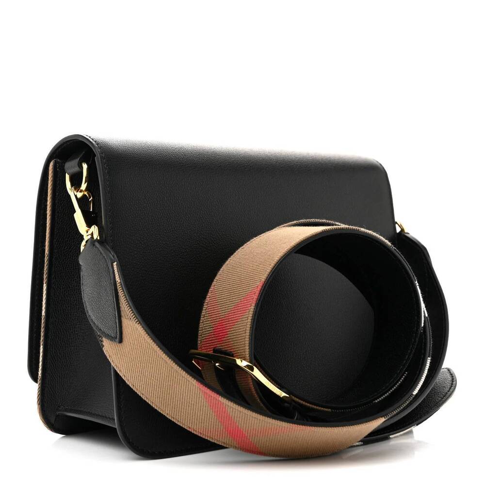 NEW BURBERRY women's mackford leather check flap crossbody bag in black - Picture 2 of 3
